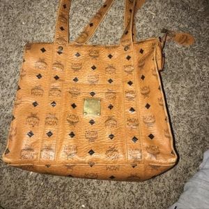 MCM Monogram Visetos Cognac Leather/Canvas Tote Bag